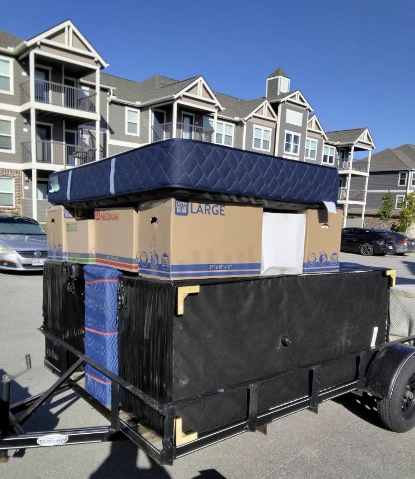 Stacked and secured load on trailer